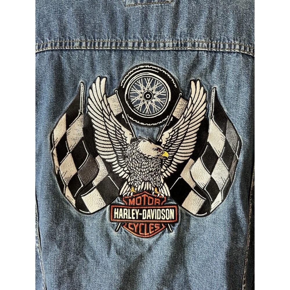 Harley-Davidson Mens Blue Denim Trucker Jacket Embroidered Eagle Back Patch L